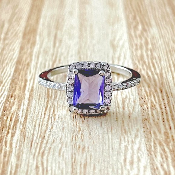 Radiant Simulated Amethyst Halo Ring - Platinum Plated - Picture 1 of 5